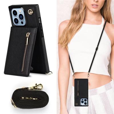 China 2023 Waterproof Phone Case Zipper Wallet Fancy Cross - Strap Flip Leather Body Phone Case For iPhone 11 12 13 For Samsung S21 for sale