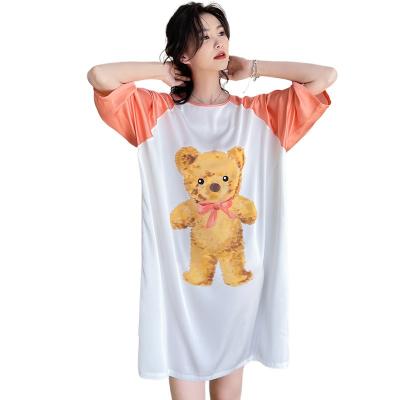 China Large Satin Breathable Chiffon Ladies Pajamas Raglan Sleeve Skirt Protecting Bear Print Nightgown for sale