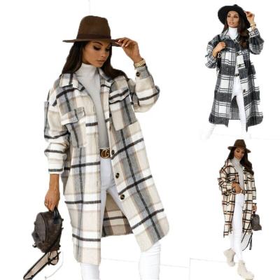 China 2021 Autumn Wholesale Long Sleeve Ladies Viable Plaid Woolen Coat With Pocket Jacket Women Jacket for sale