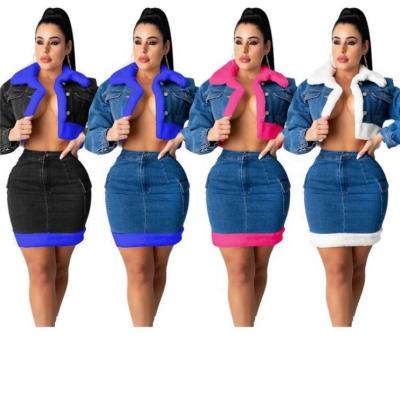 China Breathable New Fashion Sexy Ladies Denim Clothing Sheath Long Down Jacket Short Skirt Spring Women's Two-Piece Set for sale