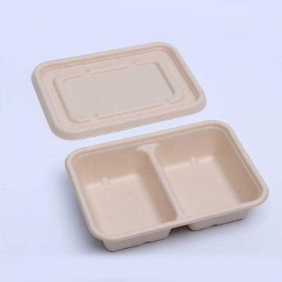 China Disposable Take Out Lunch Box Food Packaging 2 Grid Disposable Biodegradable Chinese Fiber Sugar Cane Fiber Bagasse Box for sale