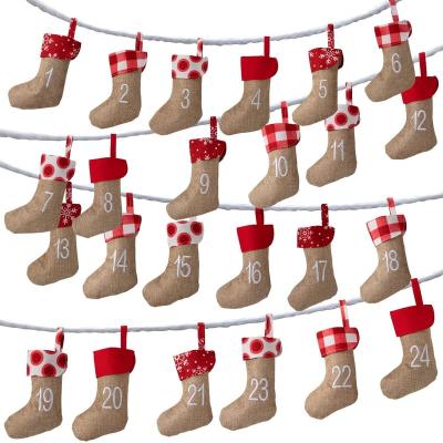 China 24 Days Countdown Christmas Stocking Calendar Canvas Hanging Decorations for sale