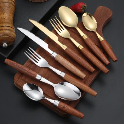 China Viable Japanese Gold Plated Knife Spoons and Fork 18/10 Handle Wood Cutlery Set for sale