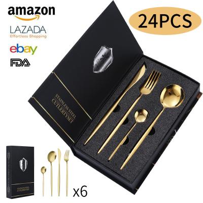 China Portugal Series 24 Pcs Viable Hot Selling Gift Set Gold Flatware Stainless Steel Cutlery Set With Box 24pcs Flatware Sets for sale