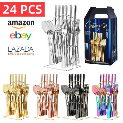 China Best Viable Selling Stainless Steel Knife Fork Spoon Set Luxury Gold 24pcs Flatware Cutlery Set With Hand Holder for sale