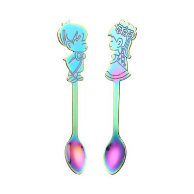 China Valentine's Day Gift Viable Gold Plated Stainless Steel Teaspoon Stirring Spoon Cartoon Boys And Girls Serving Wedding Spoon Gift for sale