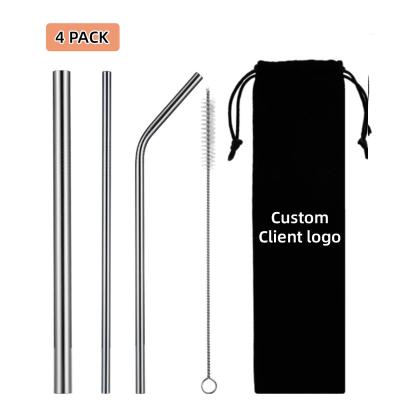 China Straw Set Stainless Steel Hot Viable Drinking Selling Reusable Black Silver Gold 4pcs Straight Black Bar Accessories Pouch for sale