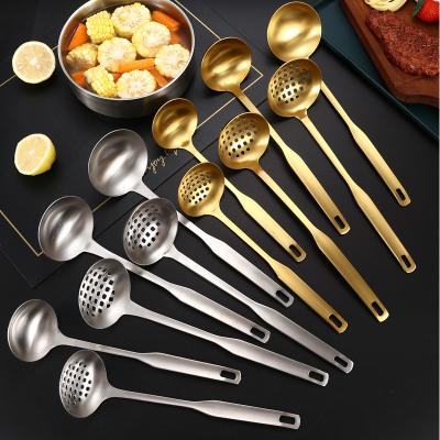 China New Updated Viable Chinese Hot Pot Long Handle Soup Spoon Stainless Steel Matte Polish Gold Plated Strainer Stainless Steel for sale