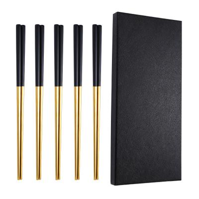 China Viable Factory Price 5 Pairs Black and Gold Korean Chopsticks 18/10 Metal Stainless Steel Gift Wedding Chopsticks Set for sale