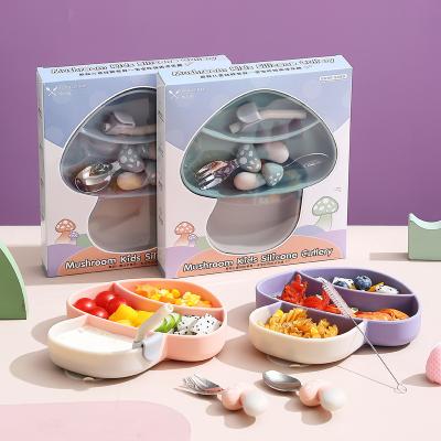 China 2023 New Stocked Mushroom Children's Silicone Dinner Dish Fork Spoons And Straws Set Silicone Dishes For Children for sale