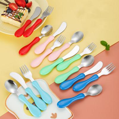 China Viable Kids Cutlery Set Kids Color Handle Knife Red Blue Pink Pink Spoon and Fork Stainless Steel Kids Cutlery Set for sale