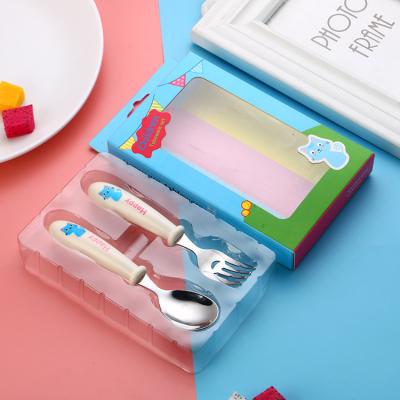 China Hot Sale Children's Spoon And Fork Cartoon Cat Blue And Pink Baby Stocked Portable Spoon And Fork Set for sale