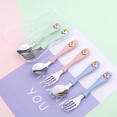 China Food Grade Stocked Kids Spoon And Fork Set Plastic Cartoon Handle Stainless Steel Kids Spoon Fork Set for sale