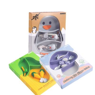 China New Stocked Silicone Dishes For Children Dish Mushroom Penguin Rabbit Silicone Baby Dish Suction Feeding Set Silicone for sale