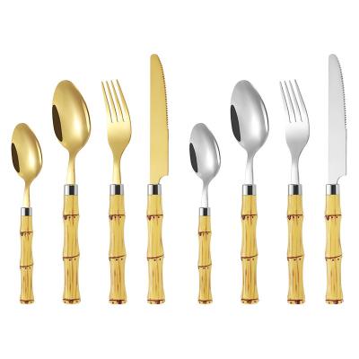 China Sustainable Bamboo Shape Handle Flatware Knife Spoon Fork Set Stainless Steel Cutlery Set Silverware for sale