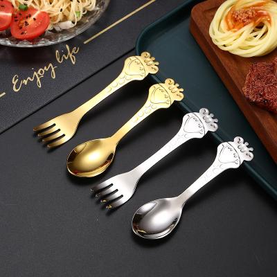 China Viable 304 Children's Spoon Fork Gold Stainless Steel Tableware Fawn Soup Spoon Fruit Fork for sale