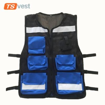 China Whole Multi Pockets Blue Mesh Anti-pilling Reflective Fishing Vest for sale