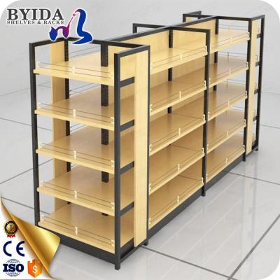 China Double-Sided Wooden Supermarket Store Shelf Wall Metal Design Metal Shop Grocery Display Rack for sale