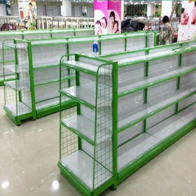 China Double Sided Wire Mesh Pharmacy Metal Shelving Shop Display Gondola for sale