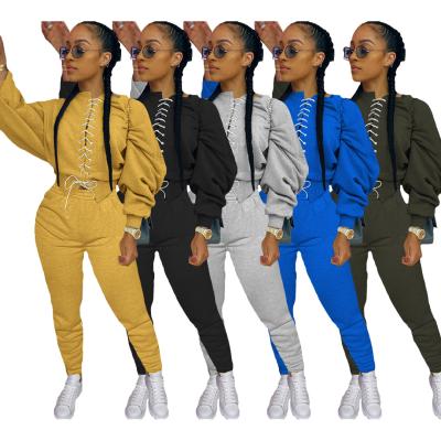 China Anti-pilling 2020 Fashion Fleece Hoodie Women Plain T-shirts Solid Colors Puff Sleeve Lace Up Blouses Autumn 2 Piece Tracker Sweater Set for sale