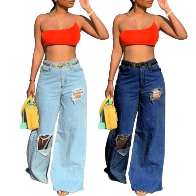 China Color Fade Proof 2021 New Women Plus Size Jeans Ladies Pants High Waist Ripped Leg Pants Loose Wide Leg Jeans Women for sale