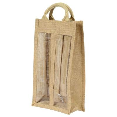 China 2 Bottle Recyclable Wholesale Promotional Double Burlap Wine Gift Packaging Carrier Bag With Clear Window And Dividers for sale