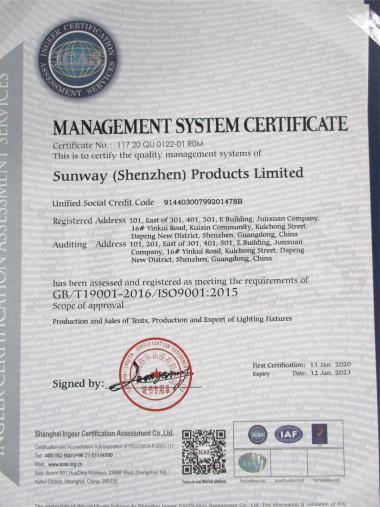 ISO9001 - Sunway (Shenzhen) Products Limited