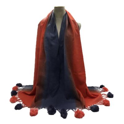 China Cashmere Women Fashion Knit Fur Balls Tassels Gradient Color Long Cashmere Scarf for sale