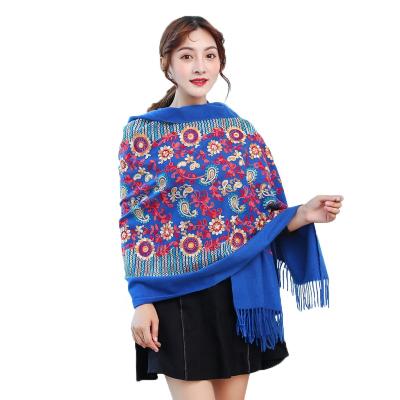 China Color Embroidery Cashmere Flower Shawl Pashmina Ladies Acrylic Cashmere Chrysanthemum Chrysanthemum Acrylic Ethnic Style Scarf for sale