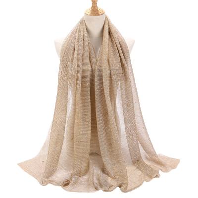 China Muslim Pearl Fashion Yarn Gold Solid Color Polyester Female Stretch Hijab Hijab for sale