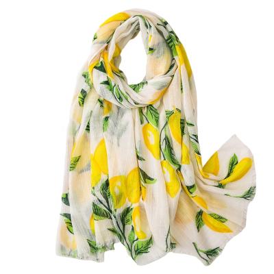 China Wholesale Fashion Polyester Lemon Printing Travel Sunscreen Shorts Tassel Regenerative Scarf Shawl for sale