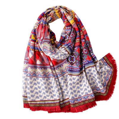 China Wholesale Fashion Polyester Print Sunscreen Lace Fringe Tassel Scarf Bohemian Shawl for sale