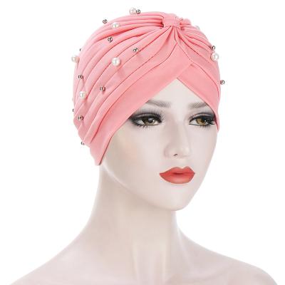 China Wholesale Muslim Dobby Women Pleat Inner Head Pearl Cowl Hijab Turban Hats for sale