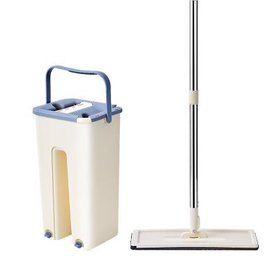 China Durable Flat Floor Mop And Bucket Set With Pads Reusable Hands Microfiber Squeeze Free Mop For Home Floor Cleaning for sale