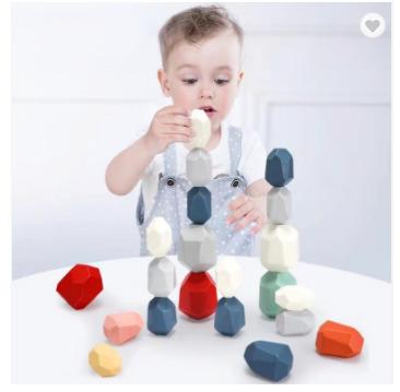 China Hot Sale Educational DIY Toy Set 16 Pieces Colorful Stone Kids Beech Wood Sorting Stacking Rocks Balancing Stones Toys for sale