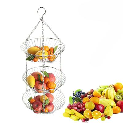 China Three Layer Fruit Basket Folding Household 3 Tier Basket Metal Wire Storage Hanging Basket for sale