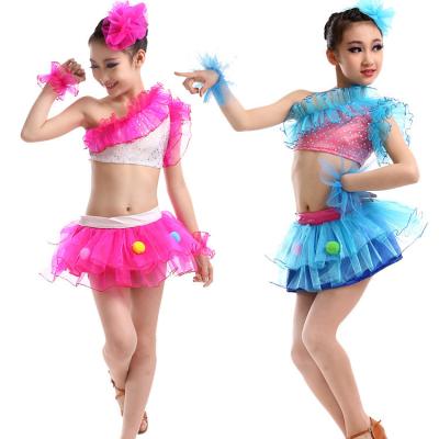 China Children inclined shoulder dance costumes girls fassion sequins Latin show dance suit for sale