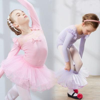 China Children cotton and lace dance costumes girls long-sleeved ballet dance leotard with skirt for sale