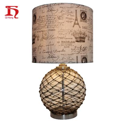 China Traditional Modern Rattan Table Lamp Glass Light with Fabric Shade for Hotel Style Decorative Nordic Home Indoor Lights for sale