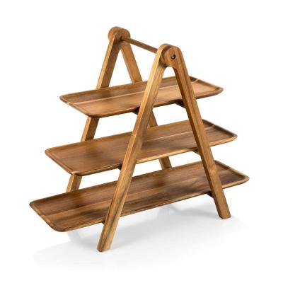 China Wholesale Viable 3 Piece Serving Tray Food Acacia Wood Rectangle Set With Folding Triangle Shelf for sale