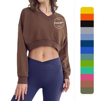 China Breathable OEM Custom Gym Fitness Workout Drop Shoulder Blank Sweatshirt French Terry V Neck Long Sleeve Crop Top Pullover Hoodie for sale