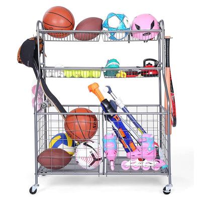 China Garage Sporting Goods Storage Rolling Basketball Organizer Show Racks with Baskets and Hooks for sale