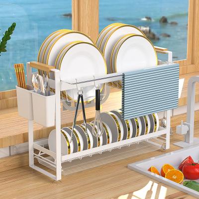 China Sustainable 2 Tier Metal Kitchen Countertop Dish Towel Drainer Freestanding Dish Drying Rack With Wood Handle for sale