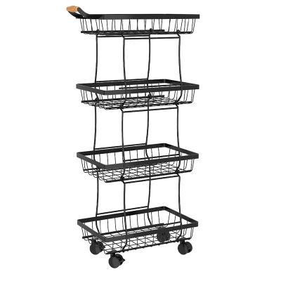 China Minimalist 4 Tiers Kitchen Metal Rolling Wire Storage Basket Organizer Fruit Vegetable Stackable Serving Carts With Wood Handle for sale