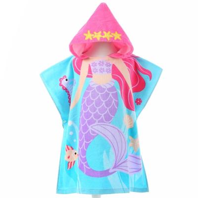 China Child Safe 100% Cotton Printed Hooded Poncho Towel Kid Surf Beach Poncho Towels For Kids for sale