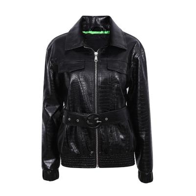 China Autumn Turn Down Waterproof Collar Recycle Filling Recycle Scratch Short PU Thick Black Leather Jacket For Women for sale