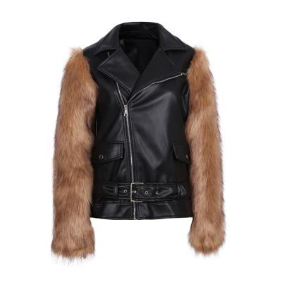 China High Quality None Recycles Polyester Zipper Coated Ladies PU Leather Jacket Short Fur Sleeves For Winter for sale