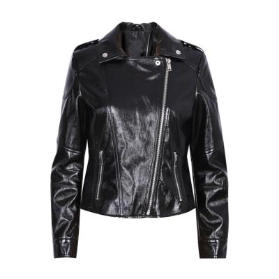 China None Recycles Polyester Coated Short Zipper Motorcycle Jackets Women Black Leather Jacket For Fall Winter for sale