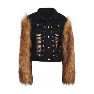 China None Customize Recycle Scratching Thick Solid Refined Dyed Short Lady Faux Fur Denim Jacket For Women for sale