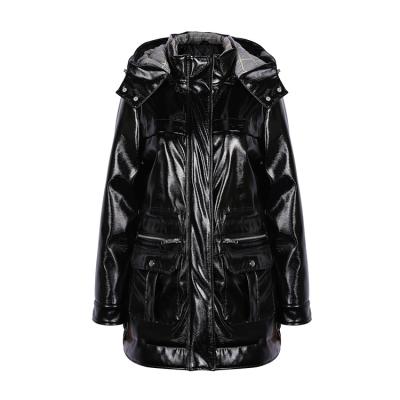 China Shiny Anti Wrinkle Fashion Recycle Polyester Coated Hood Jacket Thick Black Women's Pu Winter Coat For Women for sale